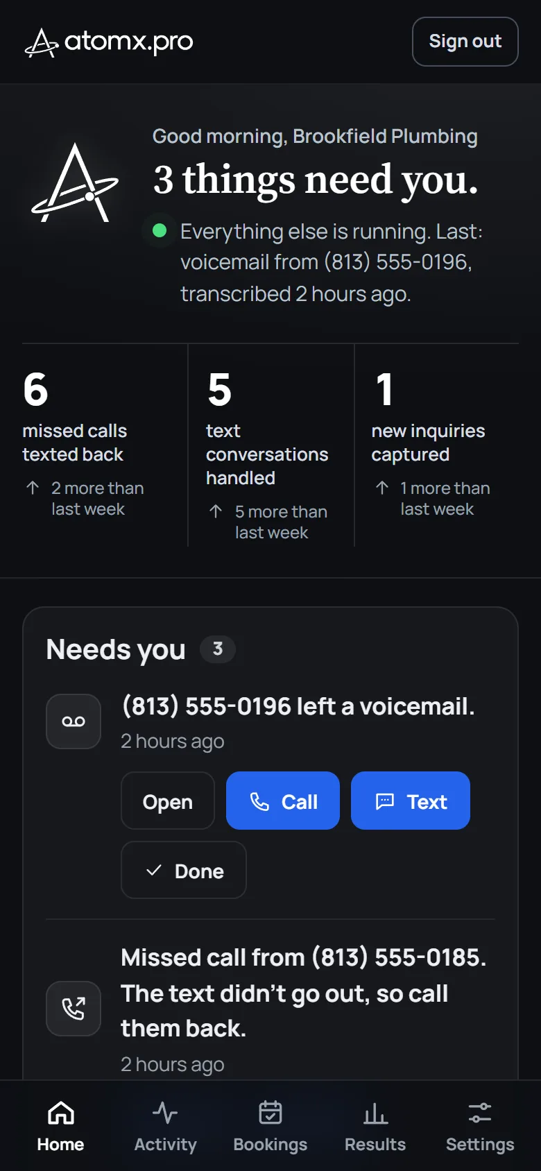 Sample: the portal's Home page on a phone, with the things that need the owner