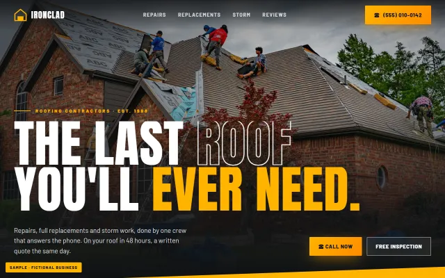 Sample website for a fictional roofing company, Ironclad Roofing