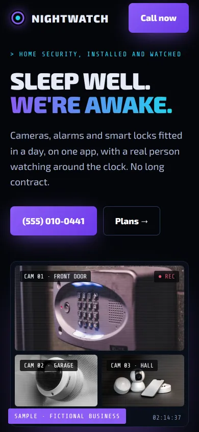 Sample website for a fictional home security company, Nightwatch Home Security