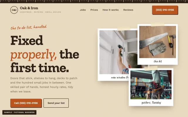 Sample website for a fictional handyman business, Oak & Iron Handyman