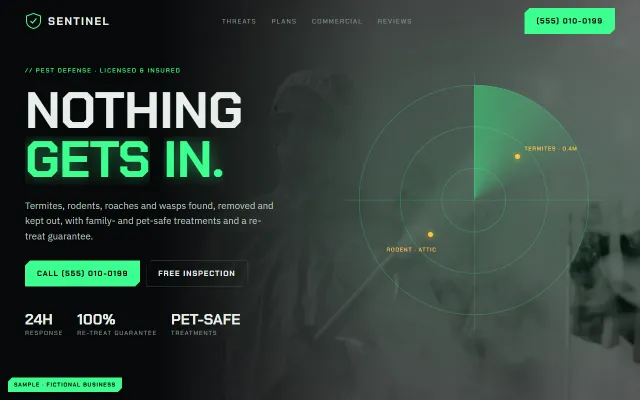 Sample website for a fictional pest control company, Sentinel Pest Defense