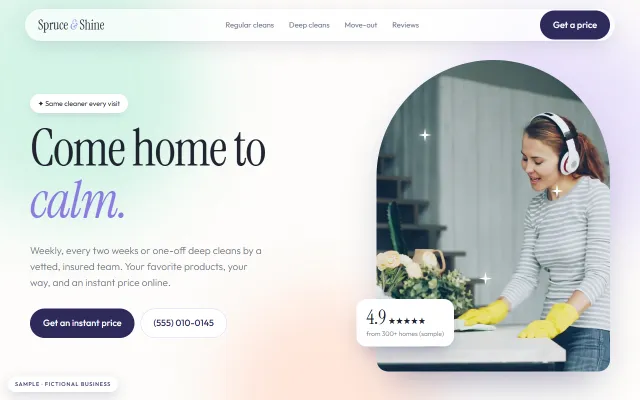 Sample website for a fictional cleaning company, Spruce & Shine Cleaning
