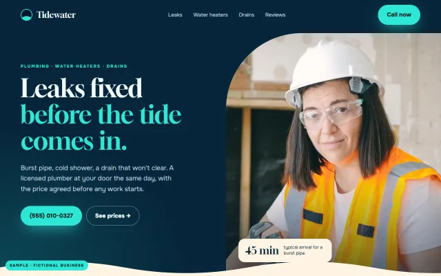Sample website for a fictional plumbing company, Tidewater Plumbing