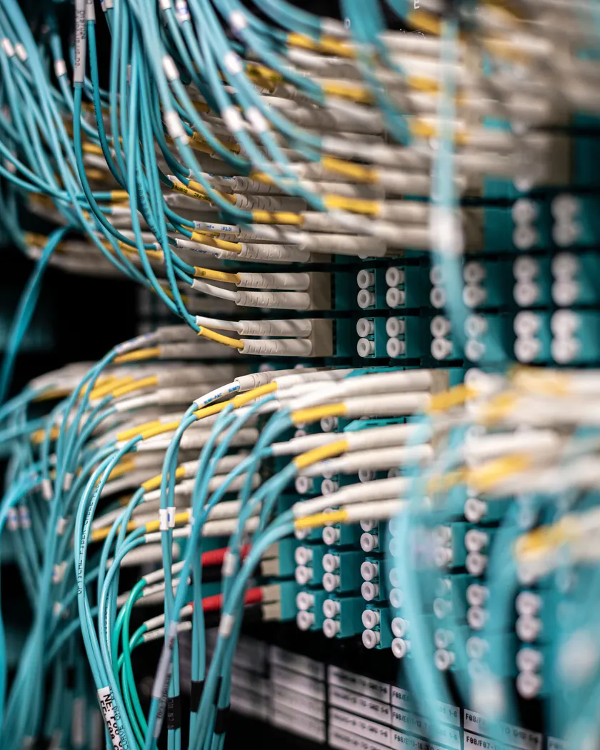 Network cables plugged into a server patch panel